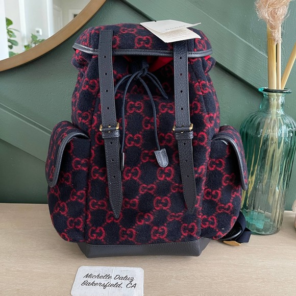 Gucci Handbags - NEW GUCCI WOOL MONOGRAM BACKPACK GG BEIGE BLUE RED